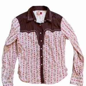 Vintage Levi’s Western Floral Stripe Pearl Snap Shirt Pink Brown